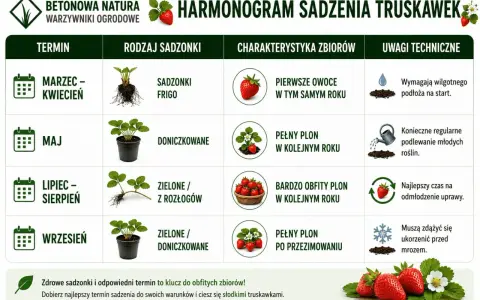 Harmonogram sadzenia truskawek: marzec-kwiecień (frigo, pierwsze owoce), maj (sadzonki doniczkowane, plon w kolejnym roku), lipiec-sierpień (zielone, obfity plon), wrzesień (zielone, plon po przezimowaniu).