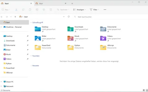 Fenster des Windows 11 Explorers mit Schnellzugriff auf Ordner wie Desktop, Downloads und Dokumente.