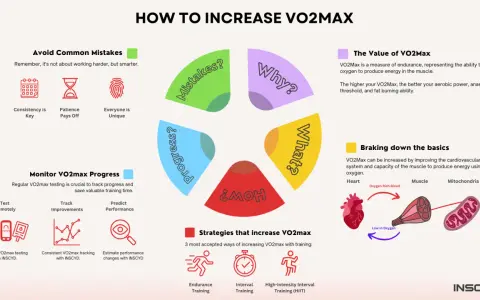 Infographic on increasing VO2 max, covering common mistakes, progress monitoring, and training strategies. A VO2 max of 50 is a good target.