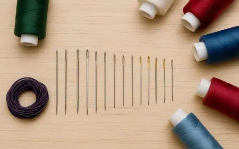 Un surtido de agujas de coser y carretes de hilo de colores: verde, morado, blanco, rojo y azul. ¡Qué hilo de hilo tan variado!