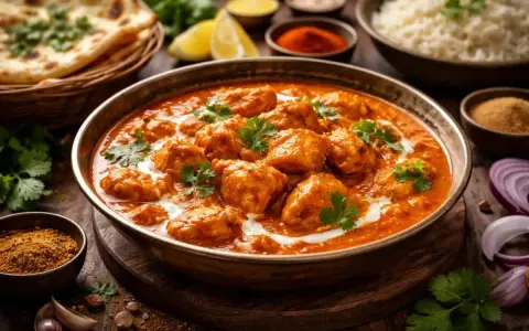 En skål med krämig butter chicken, garnerad med koriander. Bredvid syns naanbröd, ris och kryddor.