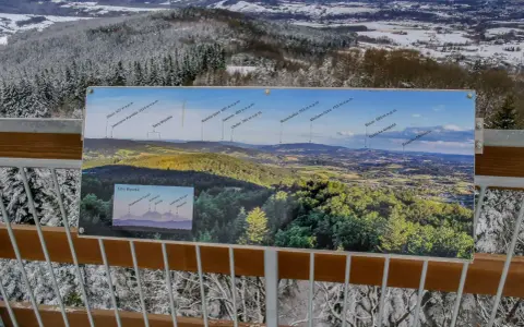 Widok z wieży widokowej na ośnieżony las i panoramę gór z tablicą informacyjną.