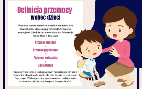 Ilustracja pokazuje płaczącego chłopca i kobietę, która go pociesza. Tekst wyjaśnia definicję przemocy psychicznej wobec dziecka.