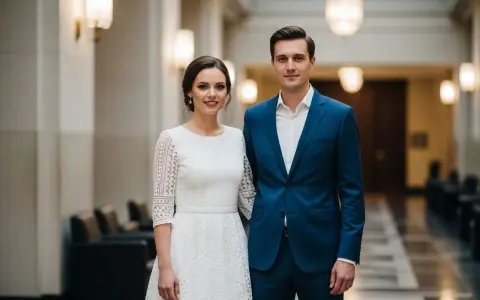 Para w eleganckich strojach, w czym do ślubu. Ona w koronkowej białej sukni, on w granatowym garniturze.