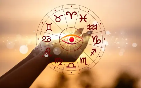 Oko opatrzności w centrum koła zodiaku, z symbolem Koziorożca widocznym na tle zachodzącego słońca. Twój horoskop dzienny czeka!