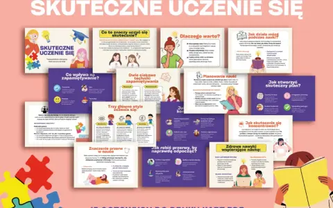Ilustracja przedstawia kolaż grafik i tekstu na temat skutecznego uczenia się, z elementami puzzli.