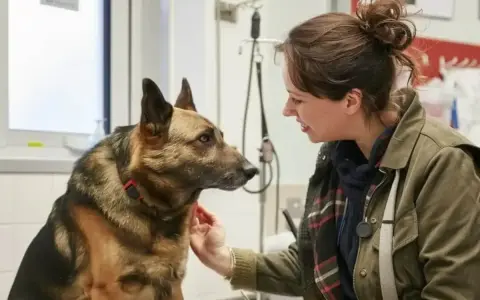 Kobieta głaszcze owczarka niemieckiego. Pies wygląda na spokojnego, a kobieta uśmiecha się do niego.