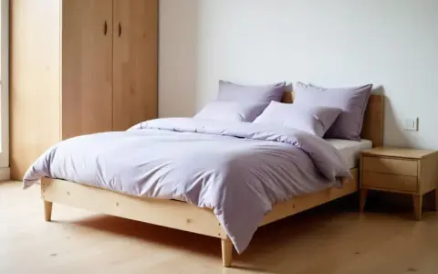 Cama con funda nórdica Bassols en tono lavanda, almohadas a juego, mesita de noche de madera y armario.