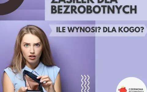 Zaskoczona kobieta pokazuje pusty portfel, zastanawiając się nad wysokością zasiłku dla bezrobotnych, czyli kuroniówki.