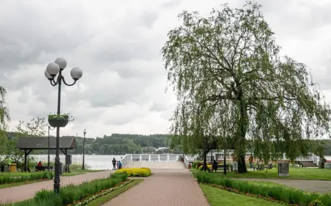 Spacer w Mrągowie nad jeziorem, z wierzbą i kwitnącymi rabatami. Idealne miejsce na relaks i podziwianie mrągowskich atrakcji.