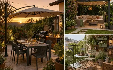 Splendidi giardini moderni con aree relax, tavoli da pranzo all'aperto e balconi fioriti, perfetti per godersi la vita all'aria aperta.