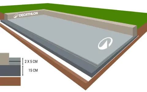 Coupe transversale d'un terrain de jeu de boule, montrant les couches de fondation et les dimensions.