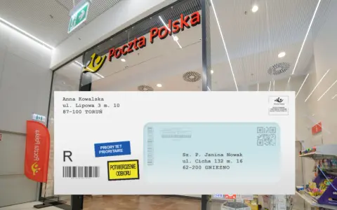 Poprawnie zaadresowana koperta z danymi Anny Kowalskiej i Janiny Nowak, z naklejkami "PRIORYTET" i "POTWIERDZENIE ODBIORU".
