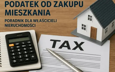 Podatek od kupna mieszkania: poradnik dla właścicieli nieruchomości. Kalkulator, długopis i model domu na drewnianym tle.
