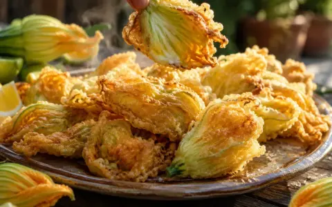 Une assiette de beignets de fleurs de courgettes dorés et croustillants, servis avec des quartiers de citron.