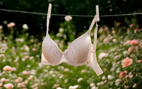 Delikatny, beżowy biustonosz z koronką suszy się na sznurku. W tle kwitnące róże. Warto przeczytać **intimiti opinie** przed zakupem.