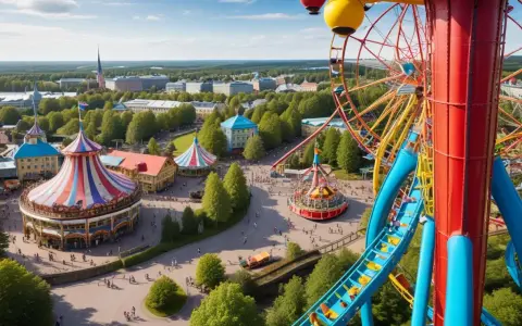 En livlig vy över Liseberg park med karuseller, pariserhjul och berg-och-dalbana. Soligt och grönt.