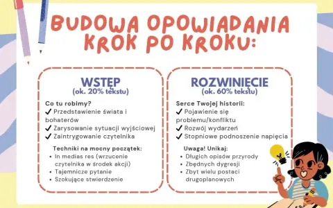 Jak napisać opowiadanie? Schemat budowy: wstęp (świat, bohaterowie, intryga) i rozwinięcie (konflikt, akcja, napięcie). Unikaj zbędnych opisów.