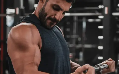 Mężczyzna ćwiczy biceps na siłowni. Zastanawia się nad cytrulina skutki uboczne, ale skupia się na treningu.