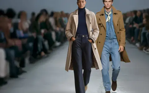 Modelka i model prezentują stylizacje na pokazie. Klasyczne trencze i jeansy to ponadczasowa moda 2026.