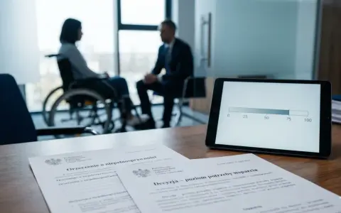 Kobieta na wózku inwalidzkim rozmawia z mężczyzną. Na stole dokumenty dotyczące orzeczenia o niepełnosprawności i tablet z wykresem. Grupa inwalidzka.