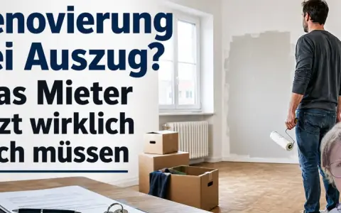 Renovierung bei Auszug: Mann mit Farbrolle und Umzugskartons. Schlüssel und Vertrag liegen bereit.