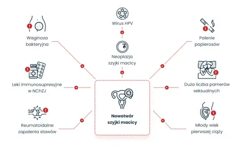 Wirus HPV, palenie, duża liczba partnerów seksualnych, młody wiek pierwszej ciąży, waginoza, leki immunosupresyjne i reumatoidalne zapalenia stawów to czynniki ryzyka, jak można zarazić się HPV i zachorować na nowotwór szyjki macicy.