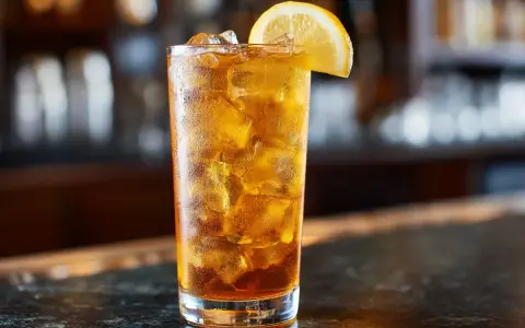 Ett glas Long Island Iced Tea med is och en citronskiva, redo att avnjutas vid en bar.