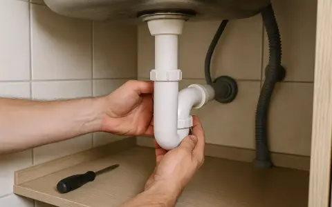 Mains de personne réparant un siphon bouché sous un évier. Un tournevis est posé sur une étagère.