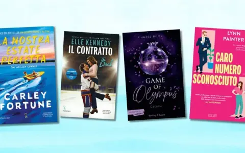 Quattro copertine di libri di narrativa: "La nostra estate perfetta", "Il contratto", "Game of Olympus" e "Caro numero sconosciuto".