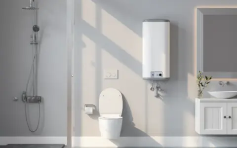 Modernes Gäste-WC mit Dusche, WC und Waschbecken. Ein weißer Durchlauferhitzer hängt an der Wand über dem WC.