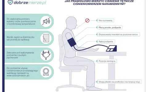 Prawidłowe mierzenie ciśnienia krwi: ciche miejsce, plecy proste, ręka podparta, stopy płasko.