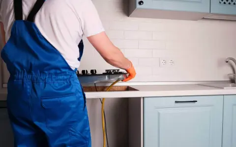 Instalator w niebieskim kombinezonie podłącza kuchenkę gazową w kuchni.