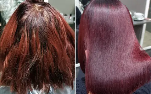 Vorher/Nachher-Vergleich: Trockenes, rotes Haar wird durch einen speziellen frisör shampoo in glänzendes, tiefrotes Haar verwandelt.