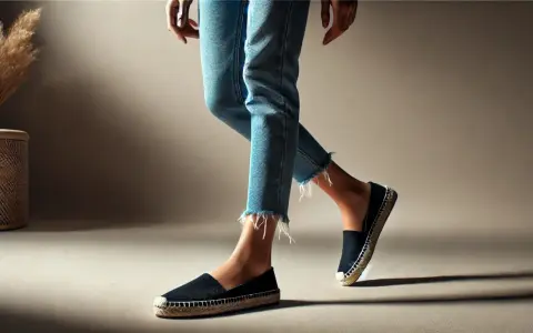 Mujer con vaqueros desgastados y alpargatas negras, un look casual perfecto para combinar alpargatas mujer.