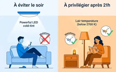 Évitez la lumière bleue froide le soir, car elle nuit à la mélatonine. Privilégiez une lumière chaude (sous 2700 K) après 21h pour ses bienfaits sur le sommeil.