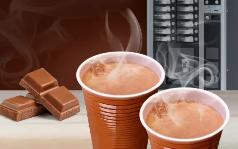 Ciepła czekolada z automatu, obok kostki czekolady. Zastanawiasz się, ile kcal ma czekolada z automatu?