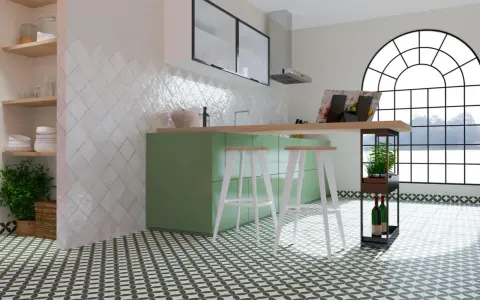 Cocina moderna con azulejos blancos en rombos como materiales para cubrir paredes, encimera de madera y suelo con patrón geométrico verde.