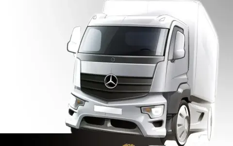 Szkic koncepcyjny ciężarówki Mercedes Antos z charakterystyczną atrapą chłodnicy i logo.