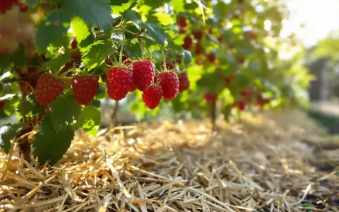 Des framboises mûres pendent sur des branches vertes, au-dessus d'un paillis de paille. Le paillis est idéal pour savoir que mettre au pied des framboisiers.