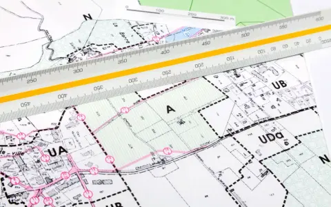 Plan zagospodarowania przestrzennego z naniesionymi strefami i podziałami. Linijka geodezyjna pomaga w precyzyjnych pomiarach.