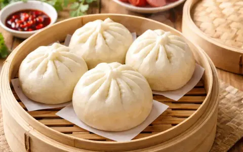 Färska, ångade bao buns i bambukorg. Perfekt för ett enkelt bao buns recept.