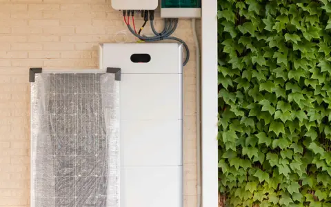 Ein weißer Redox-Flow-Heimspeicher steht neben einer verpackten Solaranlage an einer Ziegelwand, bedeckt mit Efeu.