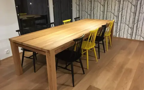 Stilleben matbord i trä med svarta och gula stolar. Bakom syns en fondvägg med trädmotiv.