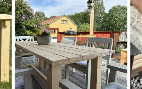 Bygga utebord: Trädetaljer för ett robust utomhusbord, en färdigmonterad möbel i trädgården och en person som mäter och markerar trä.
