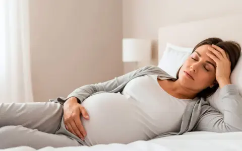Zmęczona ciężarna leży w łóżku, dotykając czoła. Senność w ciąży to częsty objaw.
