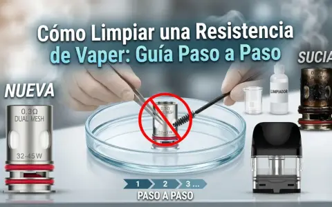 Guía para limpiar resistencia vape: muestra una resistencia nueva y una sucia, con herramientas para su mantenimiento.