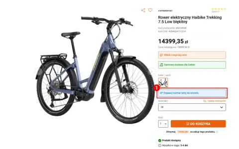 Niebieski rower elektryczny Haibike Trekking 7.5 Low. Wybierz odpowiedni rozmiar ramy roweru, aby dopasować go do swojego wzrostu.