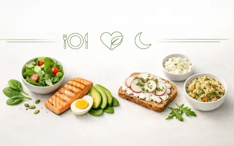 Idealna lekka kolacja: grillowany łosoś, sałatka, kanapka z twarożkiem i rzodkiewką, kasza. Zdrowo i smacznie.