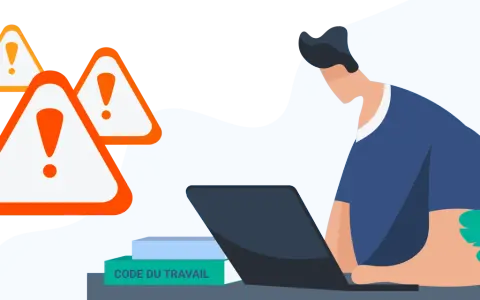 Personne travaillant sur un ordinateur portable, entourée de panneaux d'avertissement. Le livre "Code du Travail" est visible, soulignant le risque télétravail.